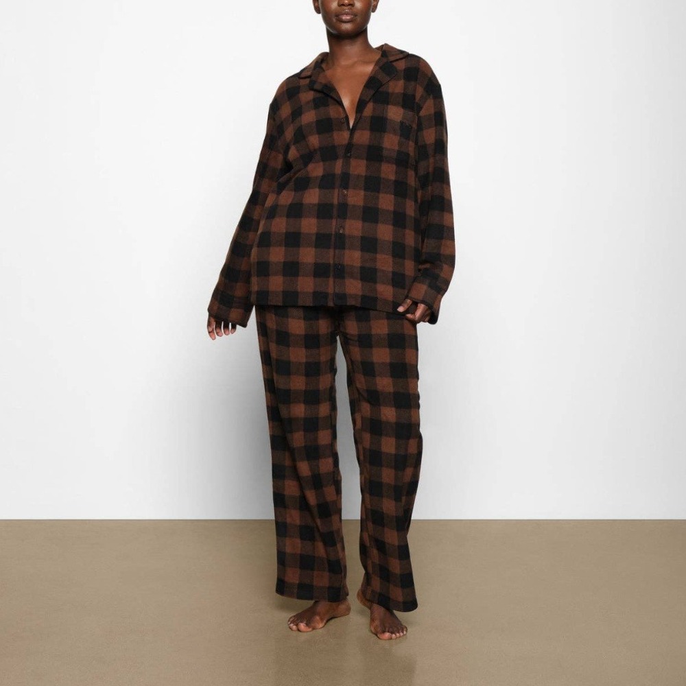SKIMS Jasper Brown Black Buffalo Plaid Fleece Pajama Top Button Up Size Medium